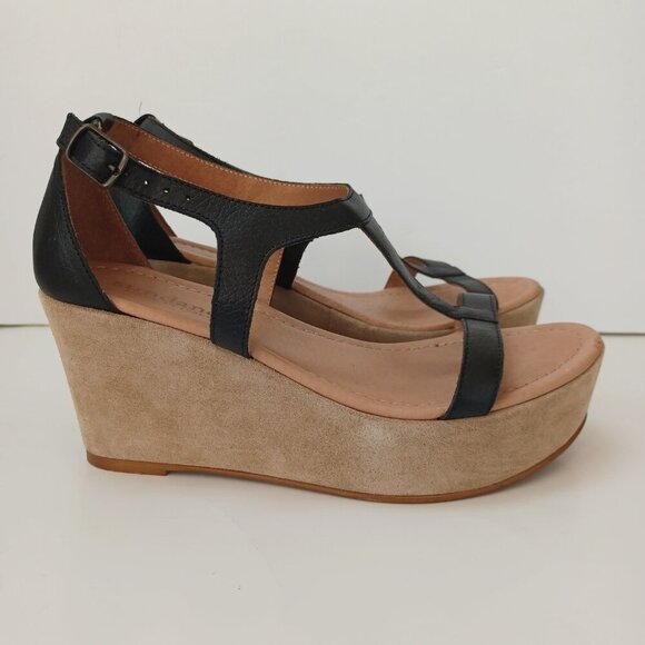 Sundance Wedge Black Tan Leather Strappy Open Toe Ankle Buckle Womens 6 or 37 - Picture 2 of 16